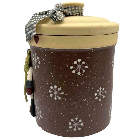 Happy Holidays 3D Snowman Ceramic Cookie Jar Lid Bow 7" Brown Snowflake Design - Picture 9 of 12